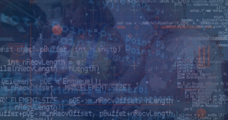 Displaying overlay of code and world map links on data visualization interface, with hex grid....