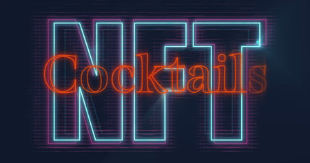 Displaying neon sign with glowing NTT letters and cursive Cocktails in dark bar, glitch textures. Neon, retro, futuristic, vibrant, nightlife, signage, glowの写真素材