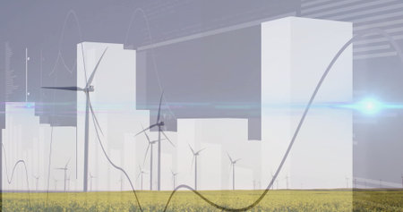 Displaying wind turbines spinning over rural farmland with yellow crops and data graph overlays....
