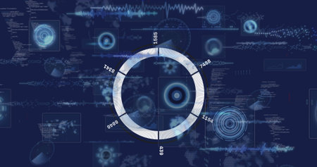 Showing segmented ring chart glowing white-blue on interface, with HUD charts and code panels....