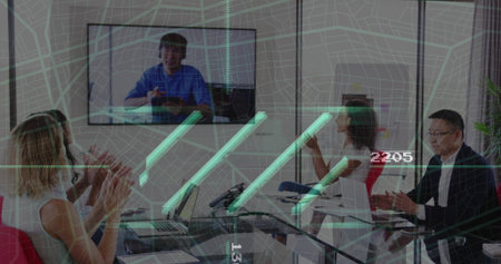 Clapping professionals collaborating online in boardroom with laptops speakerphone mug display....