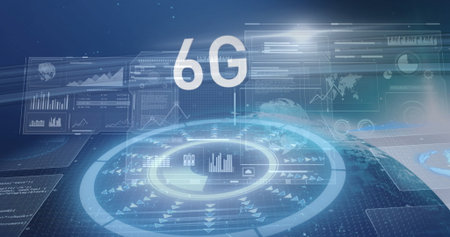 Displaying circular 6G interface floating in virtual network with data panels and world map arrows....