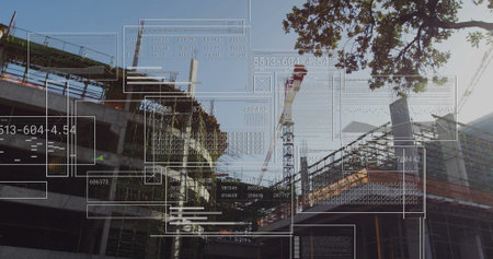 Displaying building skeleton rising at construction site, with tower crane and data overlay panels. Industrial, architecture, engineering, progress, blueprint, urban, technologyの写真素材