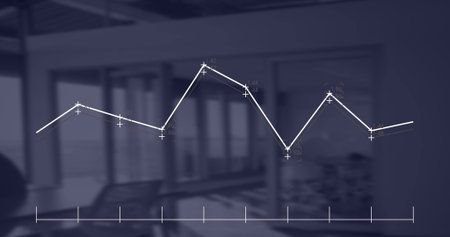Displaying semi-transparent line graph showing data points in conference room with table and chairs....