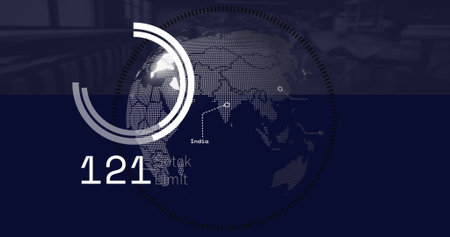 Displaying globe pulsing rings with node markers on control room display, with numeric readout 121....