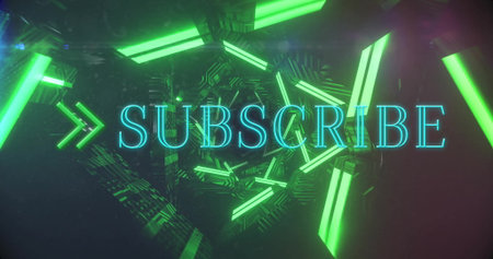 Pulsing neon 'SUBSCRIBE' text shining in digital tunnel, with green bars, arrows, circuit panels. Futuristic, cyber, abstract, technology, digital, vibrant, neonの写真素材