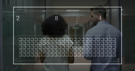 Walking employees opening glass door, entering office corridor with glass walls and HUD overlay....