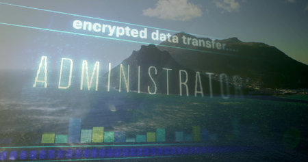 Displaying overlay showing ADMINISTRATION and bar chart over mountain, with encrypted data transfer....