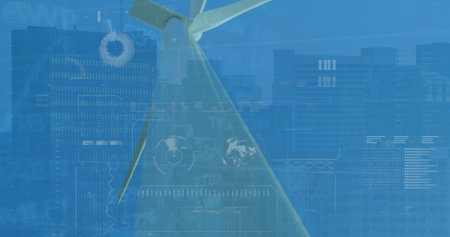 Wind turbine rotor and blade rotating on city rooftop, with HUD-style digital data overlays....