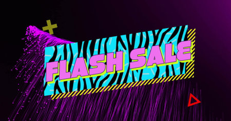 Displaying zebra-print turquoise rectangle tilting in digital promo design, with FLASH SALE text. Vibrant, futuristic, geometric, attention-grabbing, branding, advertising, modernの写真素材