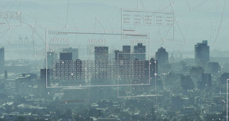 Showing digital interface overlaying skyline, featuring numeric grids and network nodes in haze. Futuristic, technology, cityscape, data visualization, innovation, urban, analyticsの写真素材