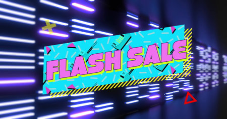 Displaying vibrant promotional banner showing FLASH SALE in neon-lit hall, with neon light strips. Neon, futuristic, advertising, digital, vibrant, energetic, technologyの写真素材