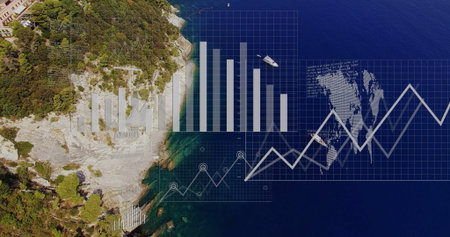 Displaying cliffs with foliage on coastline, with grid overlays, data visuals and yacht copy space....