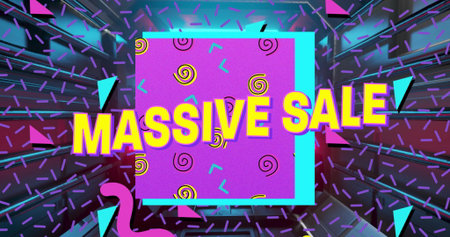Displaying bold yellow 3D MASSIVE SALE over neon backdrop with magenta square motif and cyan border. Vibrant, futuristic, energetic, digital, advertisement, pop art, colorfulの写真素材
