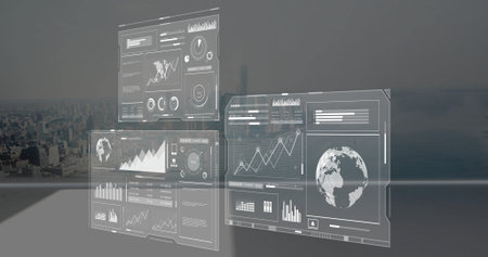 Floating translucent UI panels showing line charts, bar charts and rotating globe in control room....