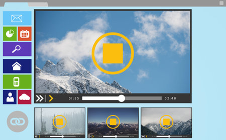 Digitally composite image of videos and computer icons displayed on screenの写真素材