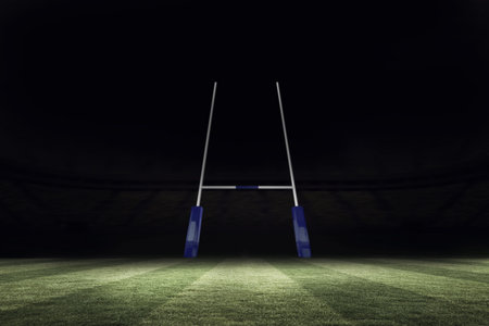 Rugby goal post with blue padded bases is standing on grass in flat night stadium illustration. Athletics, stadium, nighttime, sports facility, outdoor, field, competitionの写真素材