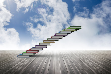 Flat design showing hardcover books ascending like staircase on wooden floor, with cloudy sky. Literature, architecture, imagination, inspiration, creativity, education, outdoorの写真素材