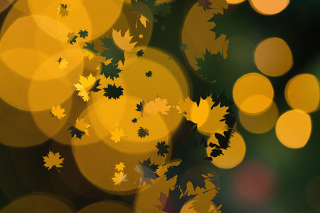Digital design showing golden-yellow bokeh circles and maple leaf silhouettes over blurred green....