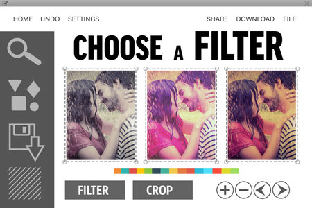 Showing flat interface on transparent background with 3 filter previews, couple embracing in rain. Digital interface, photo editing, software tools, creative design, multimedia, user interface, visual effectsの写真素材