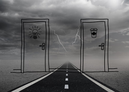 Graphic with doors and a light bulb on gloomy countryside