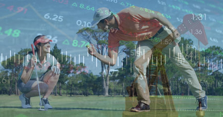 Mature couple in golf clothes offering golf ball, lining up putt with putter on putting green. Athletic, leisure, outdoor, elegant, tranquility, teamwork, natureの写真素材