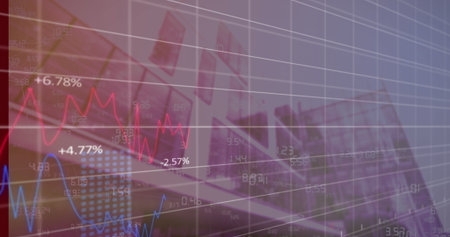 Displaying financial chart showing percentage shifts on trading interface with red and blue lines....
