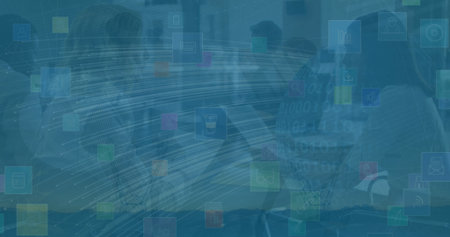 Collaborating business team discussing data at conference table in glass room, with floating icons....