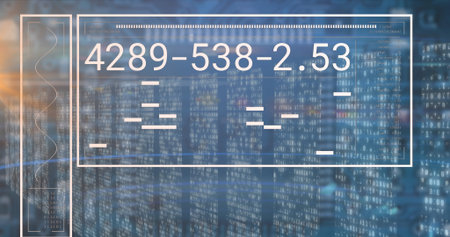 Displaying numeric panel in overlay frame at interface with binary columns, data bars, lens flare. Futuristic, digital, technology, interface, visualization, data, analyticsの写真素材