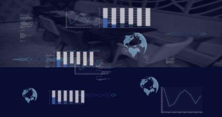 Floating overlay in conference room showing furniture and charts with globe icons and code snippets....
