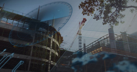 Showing concrete building rising at urban site with tower crane scaffolding and blueprint overlay....