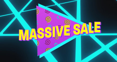 Showcasing purple patterned triangle glowing in neon grid ad layout, with bold MASSIVE SALE text....