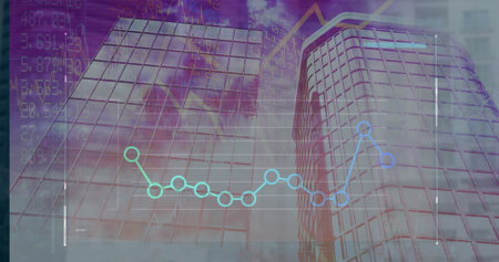 Displaying glass office towers reflecting clouds in financial district, with glowing graph overlay....