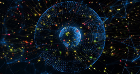 Glowing wireframe globe representing Earth streaming multicolored data nodes within network mesh....