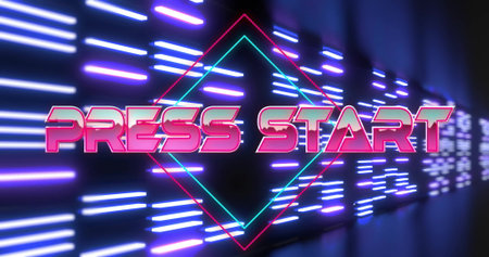 Shining neon PRESS START text in arcade scene, with diamond outline and horizontal neon light bars....