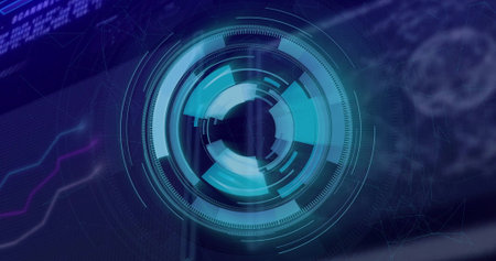 Rotating cyan digital interface glowing over control-panel, with concentric rings and line graphs....