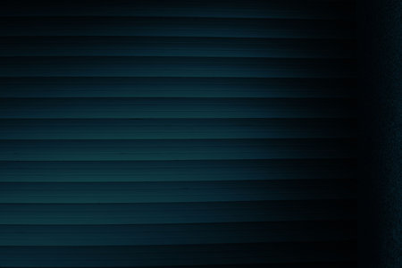 Closed metal roller shutter is covering dim flat design panel showing narrow slats and grainy strip....