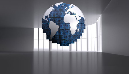 Digital globe on grey abstract backgroundの写真素材