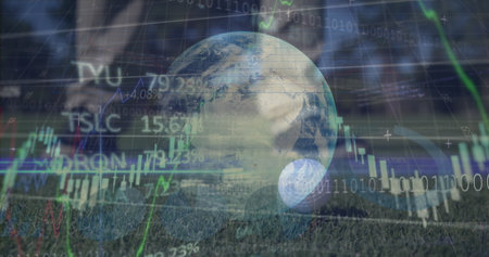 Hovering Earth globe merging with floating candlestick charts over golf turf, resting golf ball. Global, finance, investment, technology, business, data, analyticsの写真素材