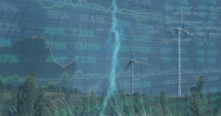 Towering wind turbines intersecting lightning at wind farm, with grass and financial overlays. Renewable, sustainability, energy, technology, environment, modern, eco-friendlyの写真素材