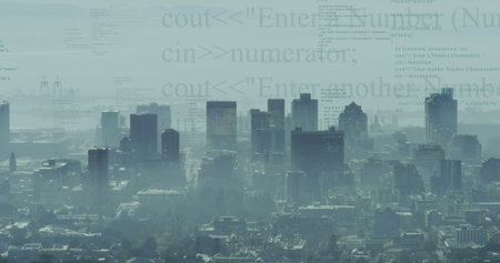 Displaying cluster of skyscrapers and mid-rise buildings in hazy downtown, with faint code overlay. Urban, skyline, digital, technology, modern, skyscraper, cityscapeの写真素材