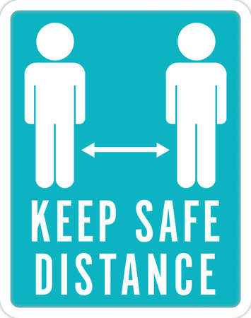 Vertical image of keep safe distance text and arrow between two figures in white on blue, copy space. Healthcare, safety, rand communication concept digitally generated image.の写真素材