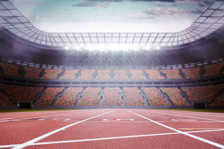 Running track lanes are spanning flat design under floodlights with clear roof panels and stands. Athletics, stadium, sports, competition, outdoor, modern, energeticの写真素材