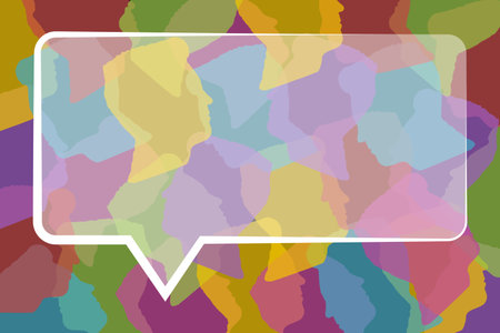 Digital image of message speech bubble over colorful human facesの写真素材