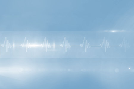 Digitally composite image of pulse trace against blue backgroundの写真素材