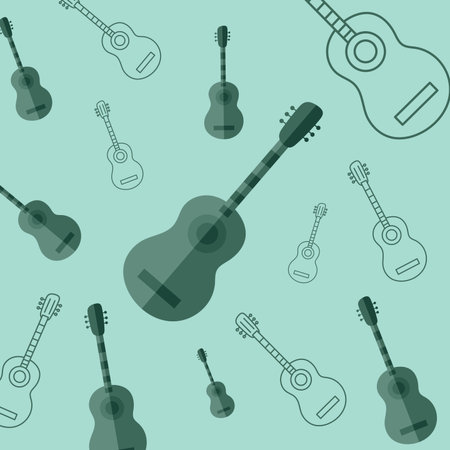 Square image of grey acoustic guitars arranged on blue background. Music, creativity and entertainment wallpaper background concept digitally generated image.の写真素材
