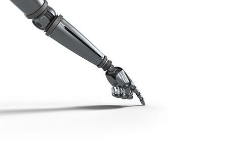Gray metal robotic arm pointing on white backgroundの写真素材