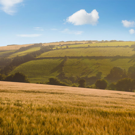Golden wheat field is swaying across flat design countryside with rolling hills, hedgerows, clouds. Rural landscape, pastoral, nature, agriculture, scenic, tranquil, eco-friendlyの写真素材