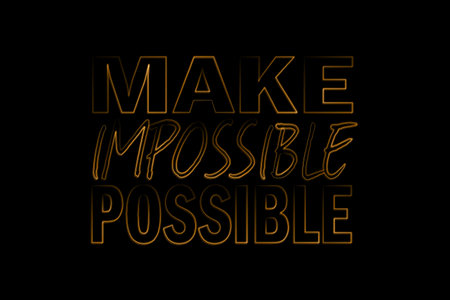 Stylized neon-outline MAKE IMPOSSIBLE POSSIBLE glowing against solid black backdrop, flat design. Motivational, typography, neon, illumination, modern, graphic, inspirationalの写真素材
