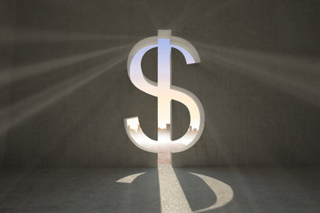 Minimalistic flat design showing giant dollar-sign opening in concrete wall, revealing city skyline. Industrial, architecture, urban, modern, minimal, sunset, silhouetteの写真素材